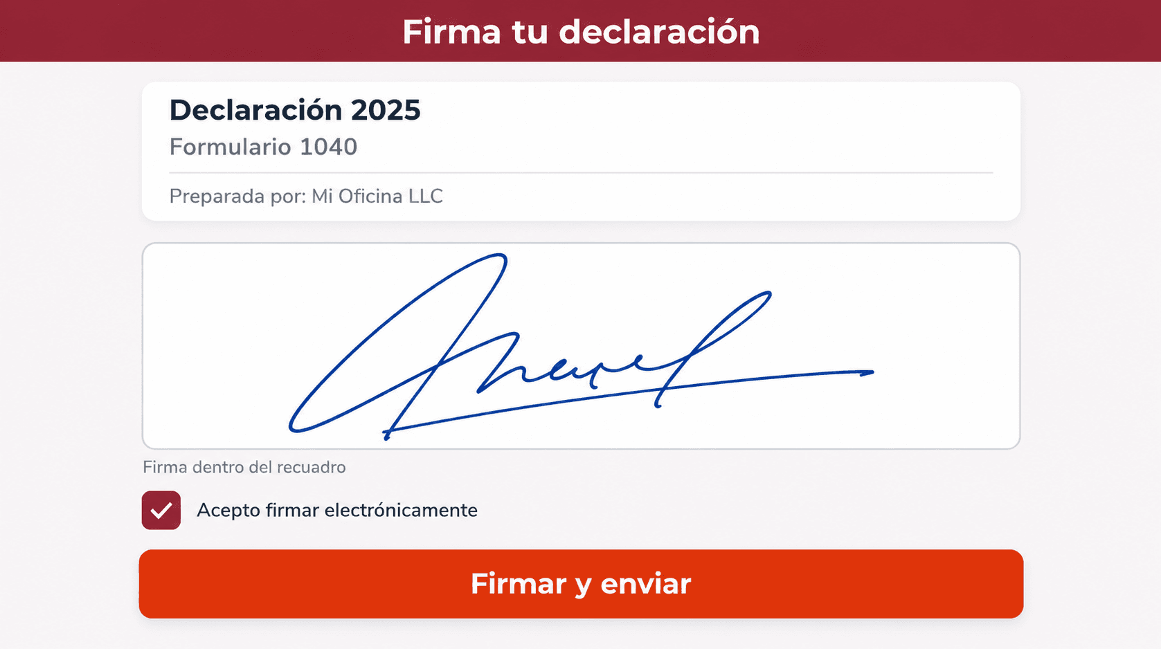 Pantalla de firma electrónica de Clic Tax Systems: el cliente firma su declaración 2025 desde el teléfono