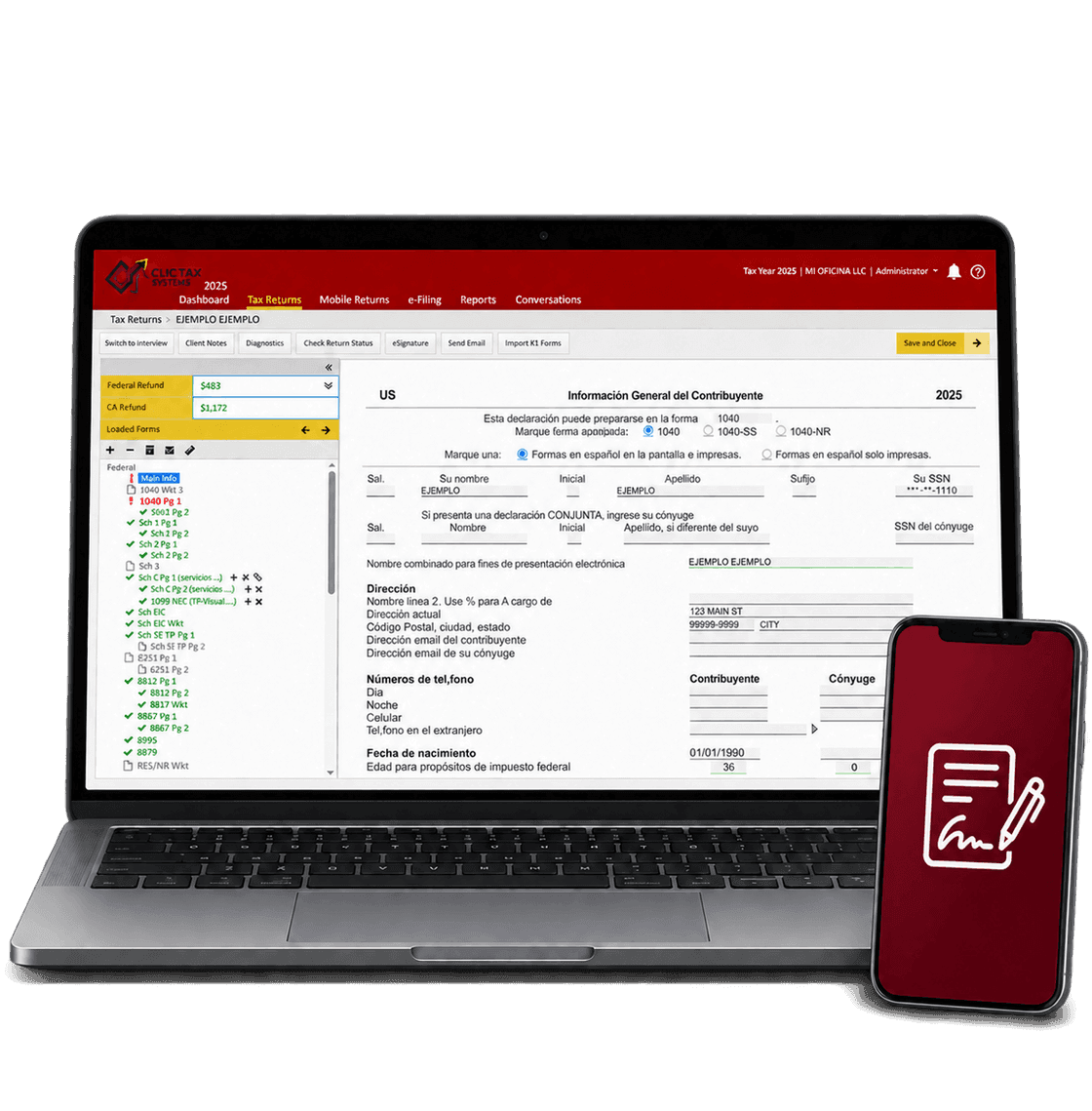 Clic Tax Systems en una computadora portátil, con el formulario de información general del contribuyente en español, y la firma electrónica en un teléfono
