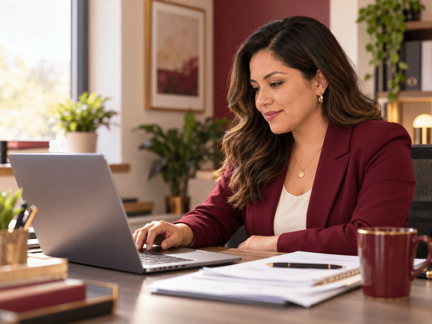 Preparadora de impuestos trabajando en su oficina con Clic Tax Systems en la computadora portátil